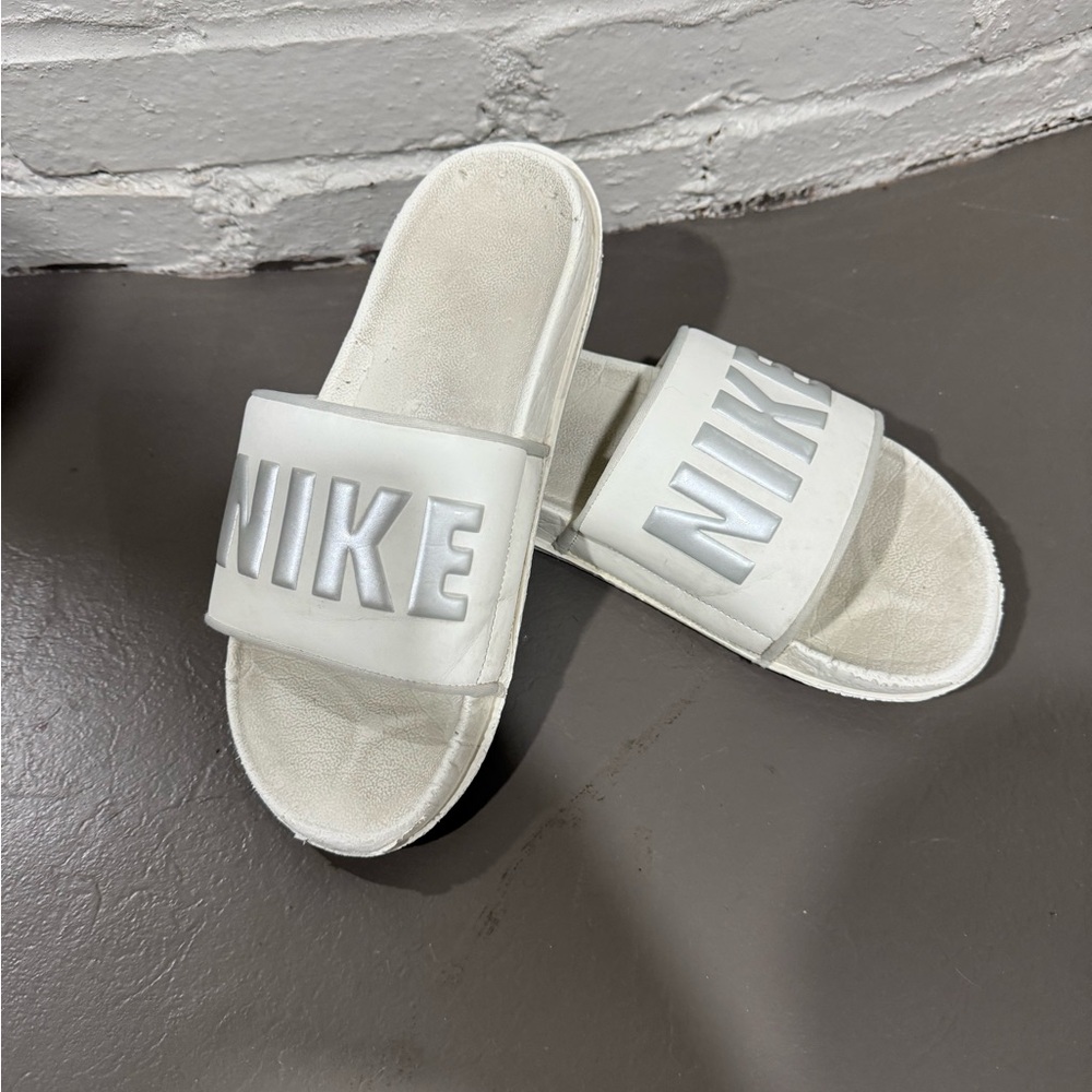 Nike White and Gray Slide Sandals